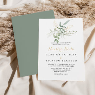 Gold Green Foliage Nuestra Boda Wedding  Invitation