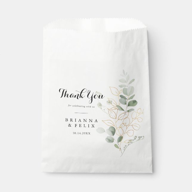 Gold Green Foliage Thank You Wedding  Favour Bags (Front)