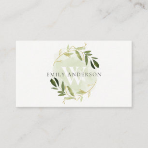 GOLD GREEN FOLIAGE WATERCOLOR WREATH PROFESSIONAL BUSINESS CARD