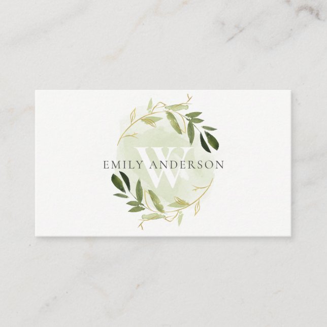 GOLD GREEN FOLIAGE WATERCOLOR WREATH PROFESSIONAL BUSINESS CARD (Front)