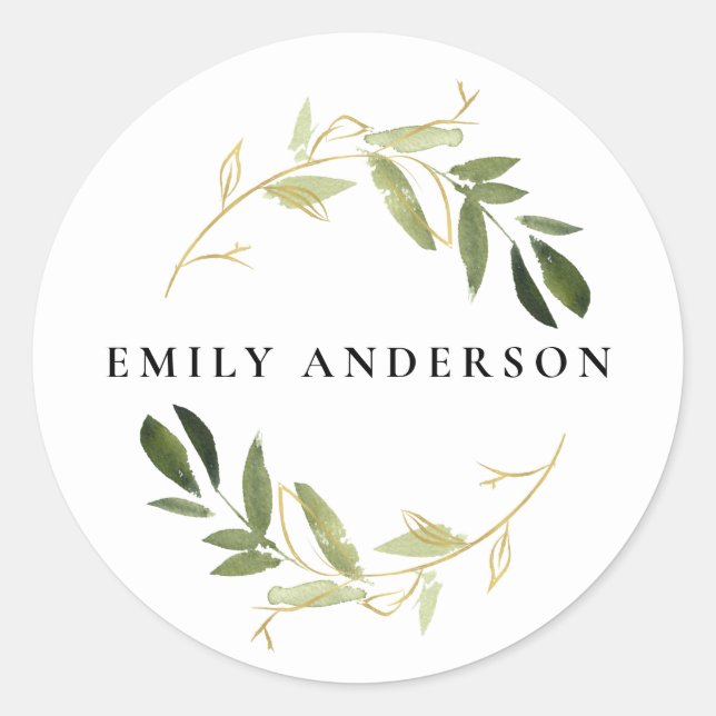 GOLD GREEN FOLIAGE WATERCOLOR WREATH PROFESSIONAL CLASSIC ROUND STICKER (Front)