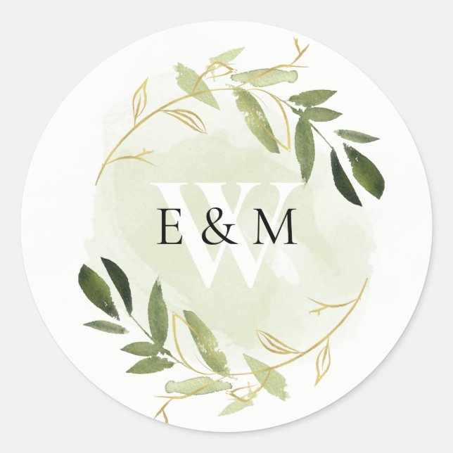 GOLD GREEN FOLIAGE WATERCOLOR WREATH WEDDING CLASSIC ROUND STICKER (Front)