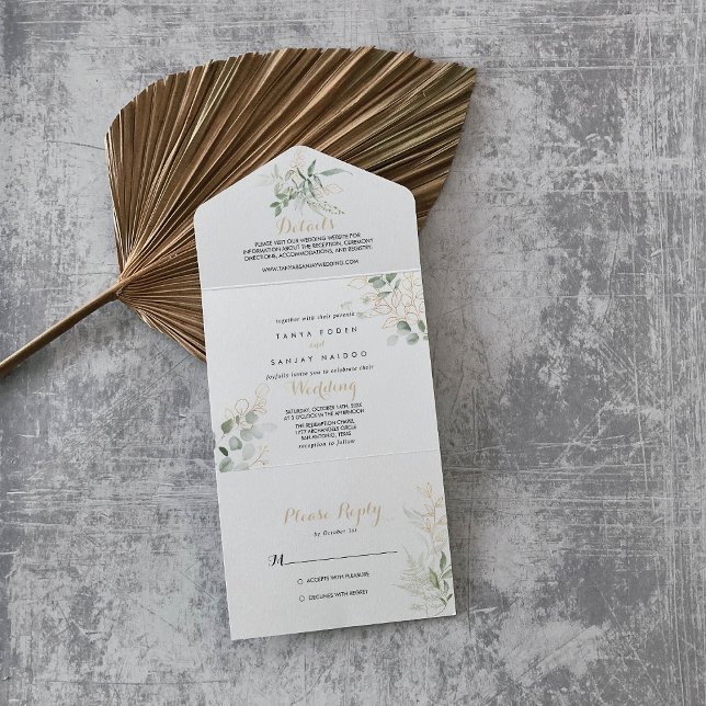Gold Green Foliage Wedding  All In One Invitation (Creator Uploaded)