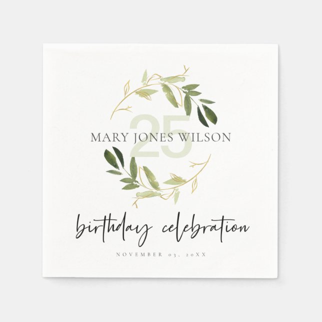 GOLD GREEN FOLIAGE WREATH ANY AGE 25TH  BIRTHDAY NAPKIN (Front)