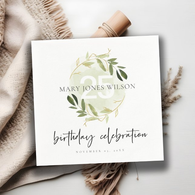 GOLD GREEN FOLIAGE WREATH ANY AGE 25TH  BIRTHDAY NAPKIN (Creator Uploaded)