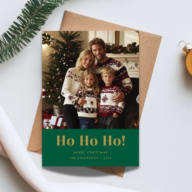Gold Green Funny Ho Ho Ho Christmas Photo Holiday Card (Creator Uploaded)