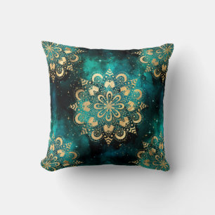 Gold & Green Galaxy Dharma Mandala Pattern Cushion