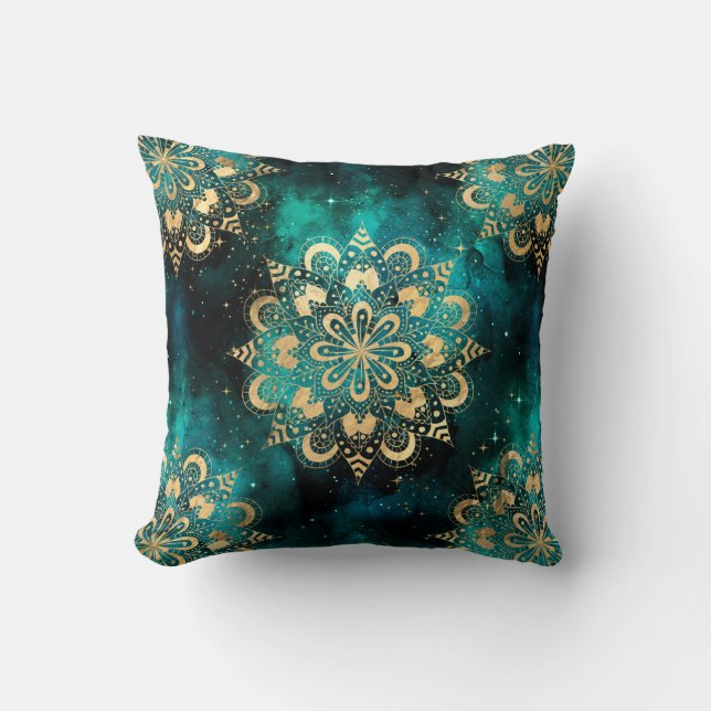 Gold & Green Galaxy Dharma Mandala Pattern Cushion (Front)