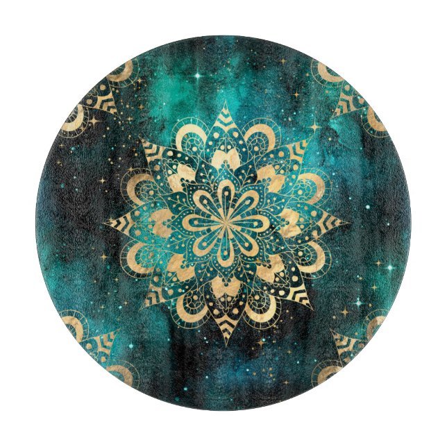 Gold & Green Galaxy Dharma Mandala Pattern Cutting Board (Front)
