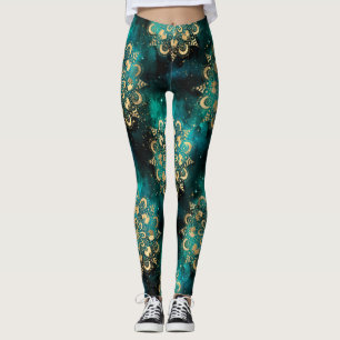 Gold & Green Galaxy Dharma Mandala Pattern Leggings