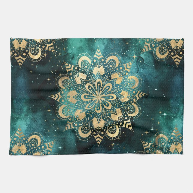 Gold & Green Galaxy Dharma Mandala Pattern Tea Towel (Horizontal)