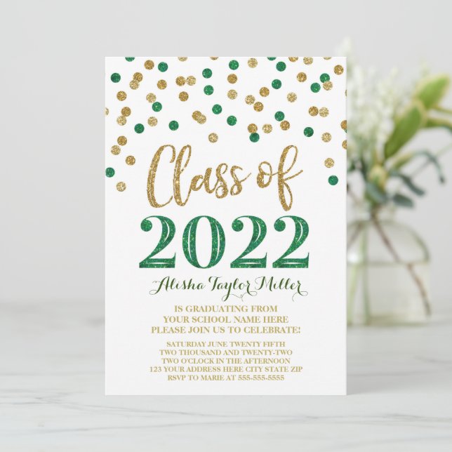 Gold Green Glitter Confetti Graduation Party 2022 Invitation (Standing Front)
