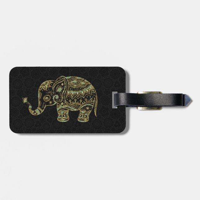 Gold & Green Glitter Floral Elephant Luggage Tag (Back Horizontal)