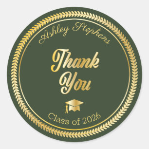 Gold   Green Grad Cap Class of 2026 Thank You Classic Round Sticker