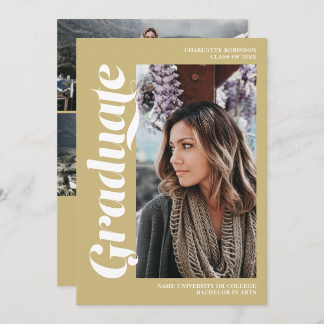 Gold green graduate script photo graduation invitation (Front/Back)