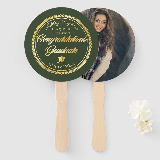 Gold Green Graduation Photo Class of 2023 Hand Fan (Front and Back)