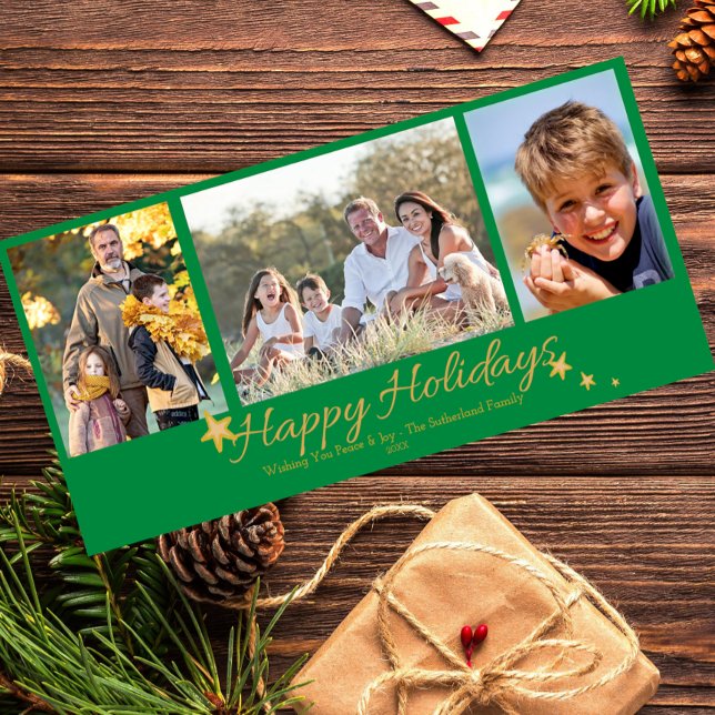 Gold & Green Happy Holidays 3 Photo Collage Holiday Card (Creator Uploaded)
