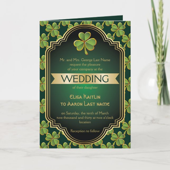 Gold, green irish clover and frame wedding invitation (Front)