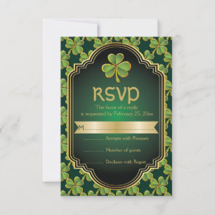 Gold, green Irish clover and frame wedding RSVP Card