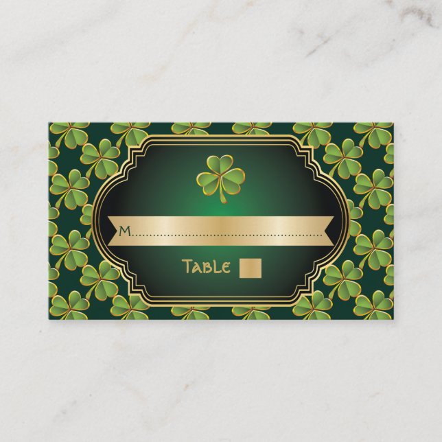 Gold green Irish clover & frame wedding place card (Front)