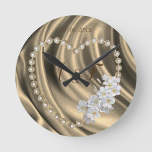 Gold,Green,Ivory,Blue, Silk & Pearls Round Clock