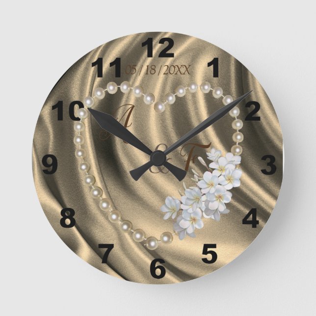 Gold,Green,Ivory,Blue, Silk & Pearls Round Clock (Front)