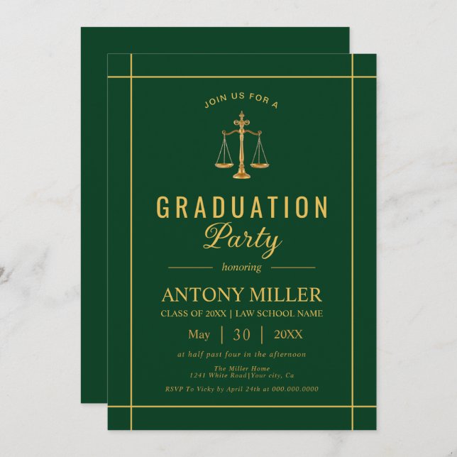 Gold, green law school graduation Class Of 2025  Invitation (Front/Back)