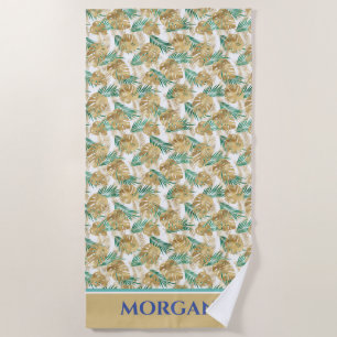 Gold & Green Leaves, Bold Name or Initials Beach T Towel