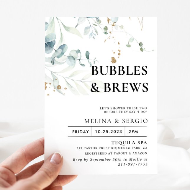 Gold Green Leaves Bubbles & Brews Bridal shower  Invitation (Creator Uploaded)