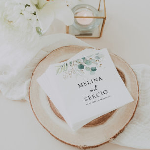 Gold Green Leaves Calligraphy Wedding Napkins