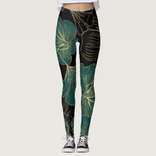 Gold green leaves leggings