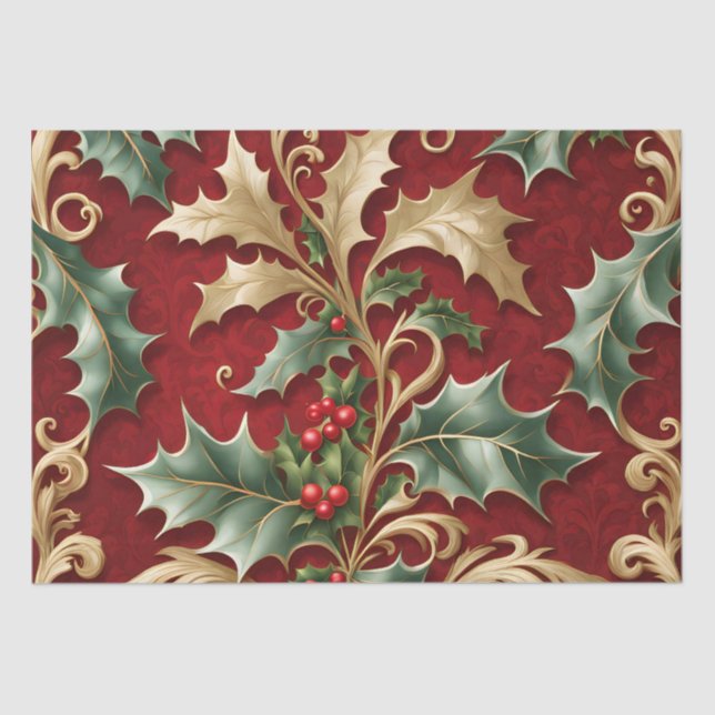 Gold Green Leaves R Christmas Holiday Tissue Paper (Front)