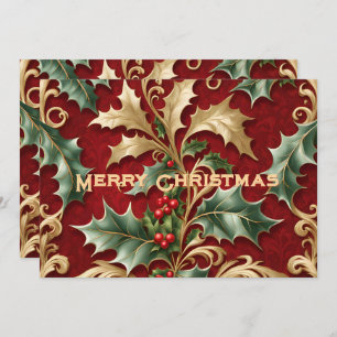Gold Green Leaves Red Christmas Holiday Card
