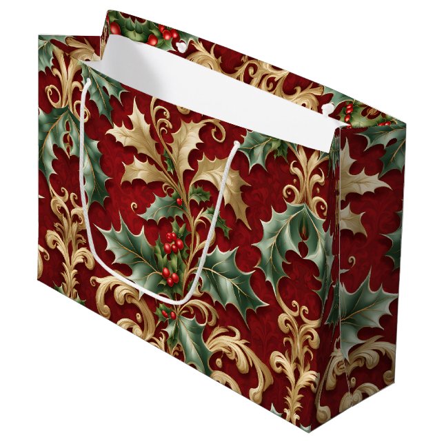 Gold Green Leaves Red Christmas Holiday Gift Bag (Front Angled)
