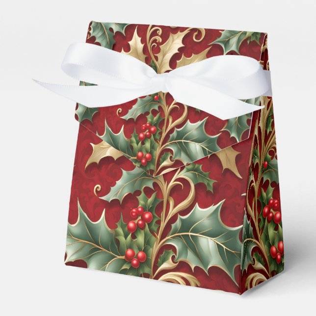Gold Green Leaves Red Christmas Holiday Gift Box (Front Side)
