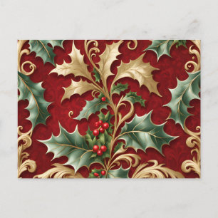 Gold Green Leaves Red Christmas Holiday Postcard