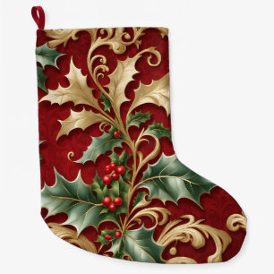Gold Green Leaves Red Christmas Holiday Stocking