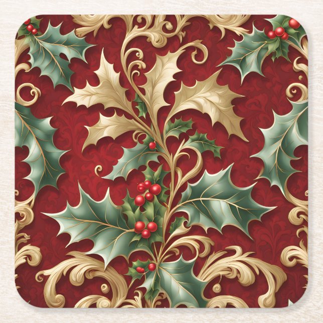 Gold Green Leaves Red Holiday Paper Coaster (Front)