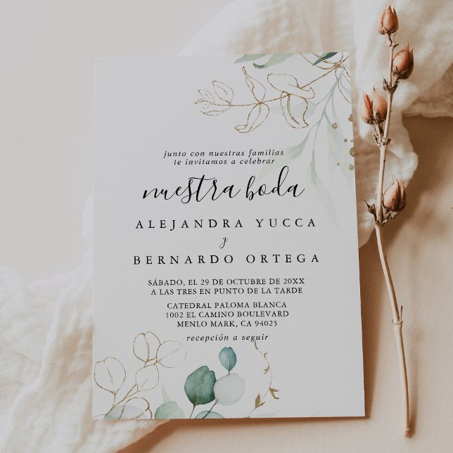 Gold Green Leaves Wedding Nuestra Boda  Invitation (Creator Uploaded)