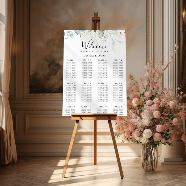 Gold Green Leaves Wedding Seating Chart (Creator Uploaded)