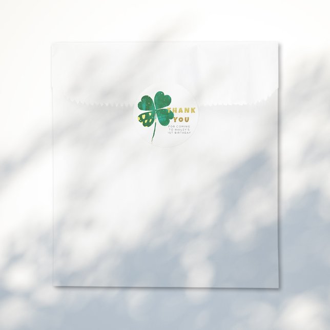 Gold Green Lucky Clover 1st Birthday Thank You  Classic Round Sticker (Creator Uploaded)