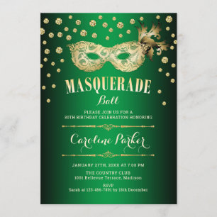 Gold Green Masquerade Ball Birthday Party Invitation