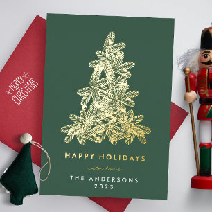 Gold & Green Merry Christmas Pine Tree Happy