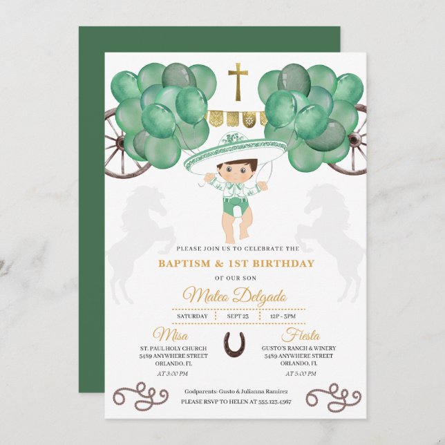 Gold & Green Mexican Baby Boy Charro Baptism Invitation (Front/Back)