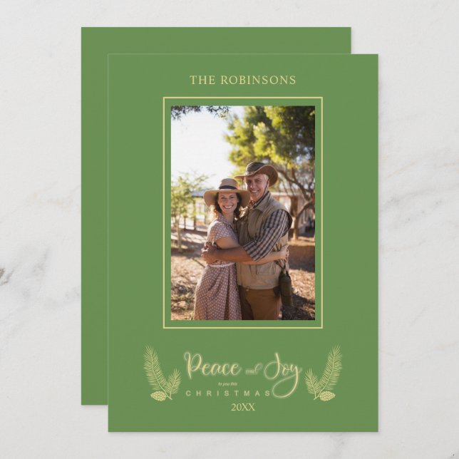 Gold Green Minimalist Chic Christmas Photo Family (Front/Back)