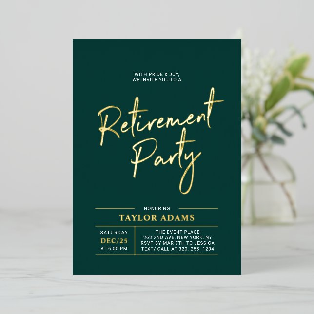 Gold & Green Modern Brush Script Retirement Party (Standing Front)