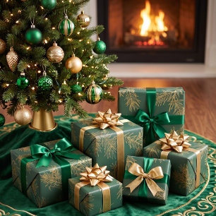 Gold Green Modern Elegant Botanical Pine Christmas Wrapping Paper