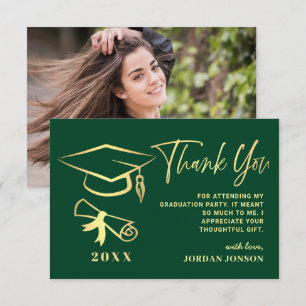 Gold Green Modern Graduation PHOTO Thank You Card