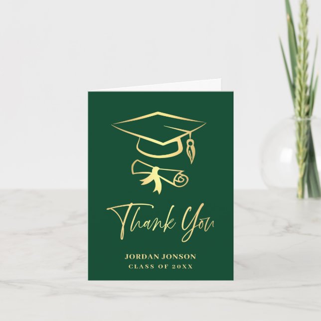 Gold Green Modern Graduation Thank You Card (Front)