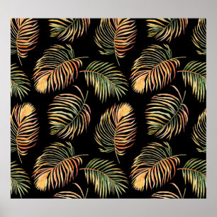 Gold-Green Palms: Watercolor Seamless Pattern. Poster